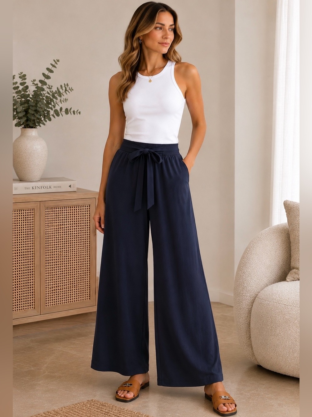 Navy Women's Wide-Leg Tie-Waist Pants